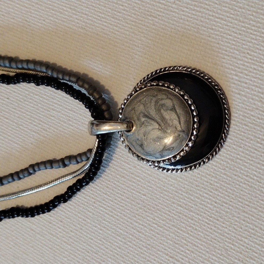 KC double enamel painted pendants on silver chain with double strand of beads ne